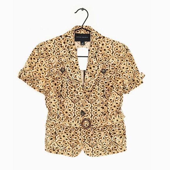 Banana Republic Tan Brown Short Sleeve Safari Print Jacket Size 0   8 374 - Picture 1 of 11